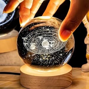 3D Moon Crystal Ball Night Lamp – USB Colorful LED Table Decor with Wooden Base for Home, Office, Bedroom (Moon Design) Pack of 2